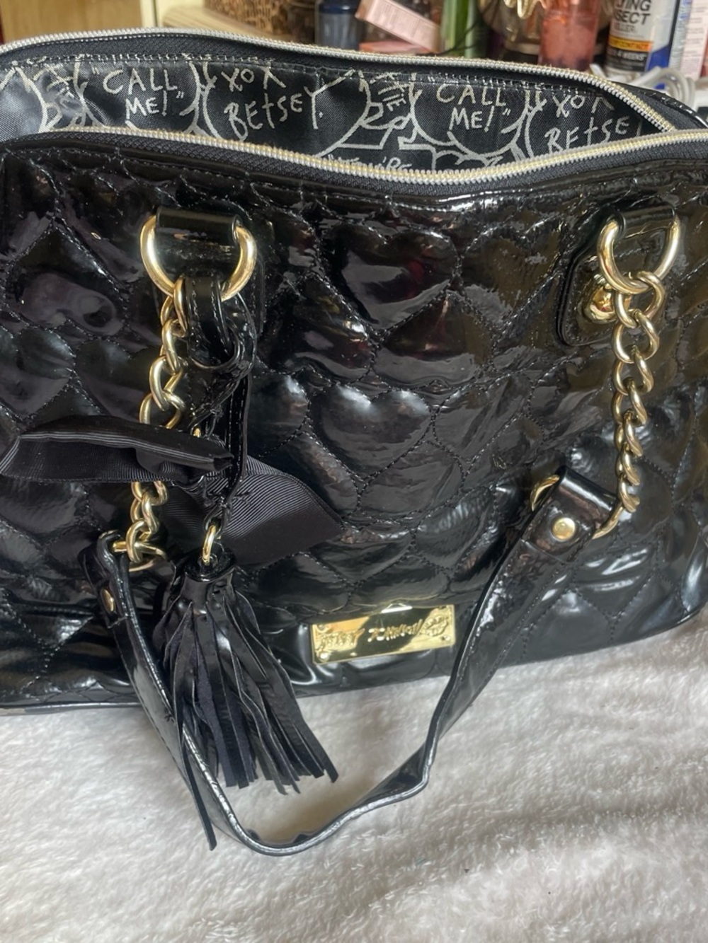 Betsey Johnson Black Patent Quilted Shoulder Bag with Tassel